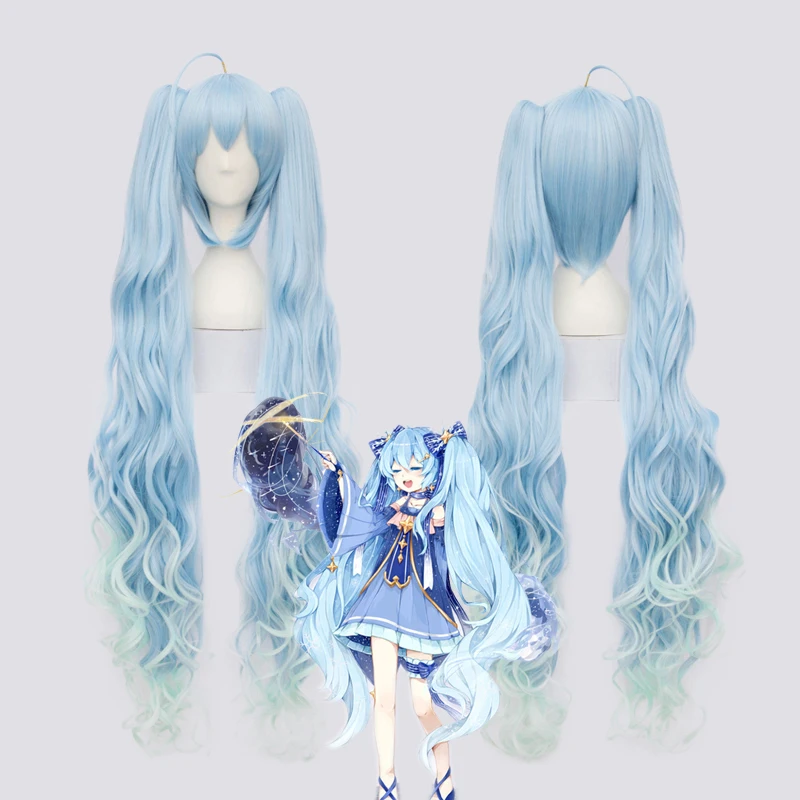 

100cm/39" VOCALOID SEASON women Magical Snow MIKU cosplay wig long gradient blue hair with ponytails