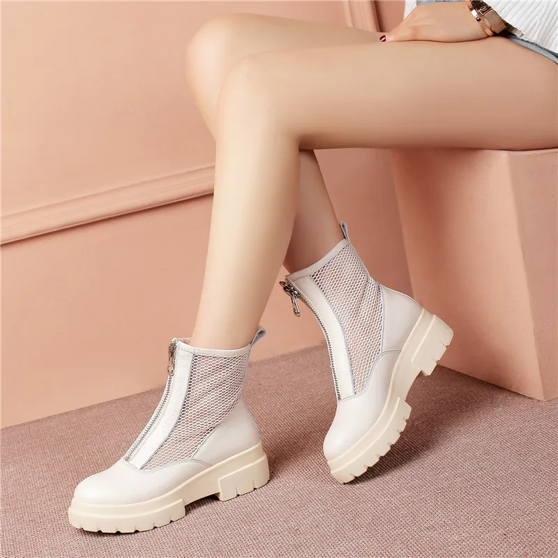 

YMECHIC Summer Boots 2019 Air Mesh Real Leather Ladies Shoes White Black Platform Zipper Ankle Boots Women Plus Size Booties