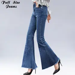 Плюс размеры большой колокольчик дно длинные джинсы для женщин 4Xl 6Xl осень зима широкие брюки кисточкой бахрома стрейч узкие расклешенные