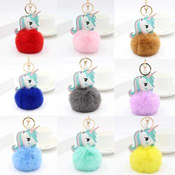 

High Quality 8cm Big Size Unicorn Plush Keychain Colorful Fake Rabbit Soft Fur Ball Fluffy Licorne Plush Key Chain Toys For Kid