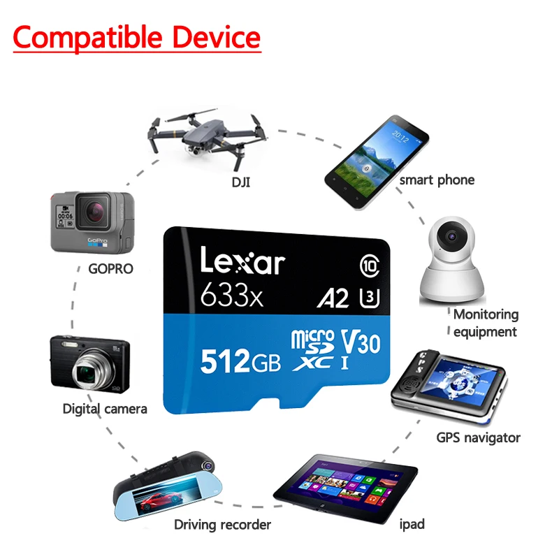 Высокоскоростная карта памяти Micro SD Lexar 633x 32 Гб 64 Гб 128 ГБ макс. 95 м/с C10 256G 512G адаптер в HD