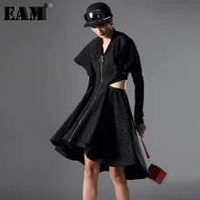 [EAM] заказное весеннее однотонное платье с v-образным вырезом и длинным рукавом, женское модное платье с разрезом AZA121S