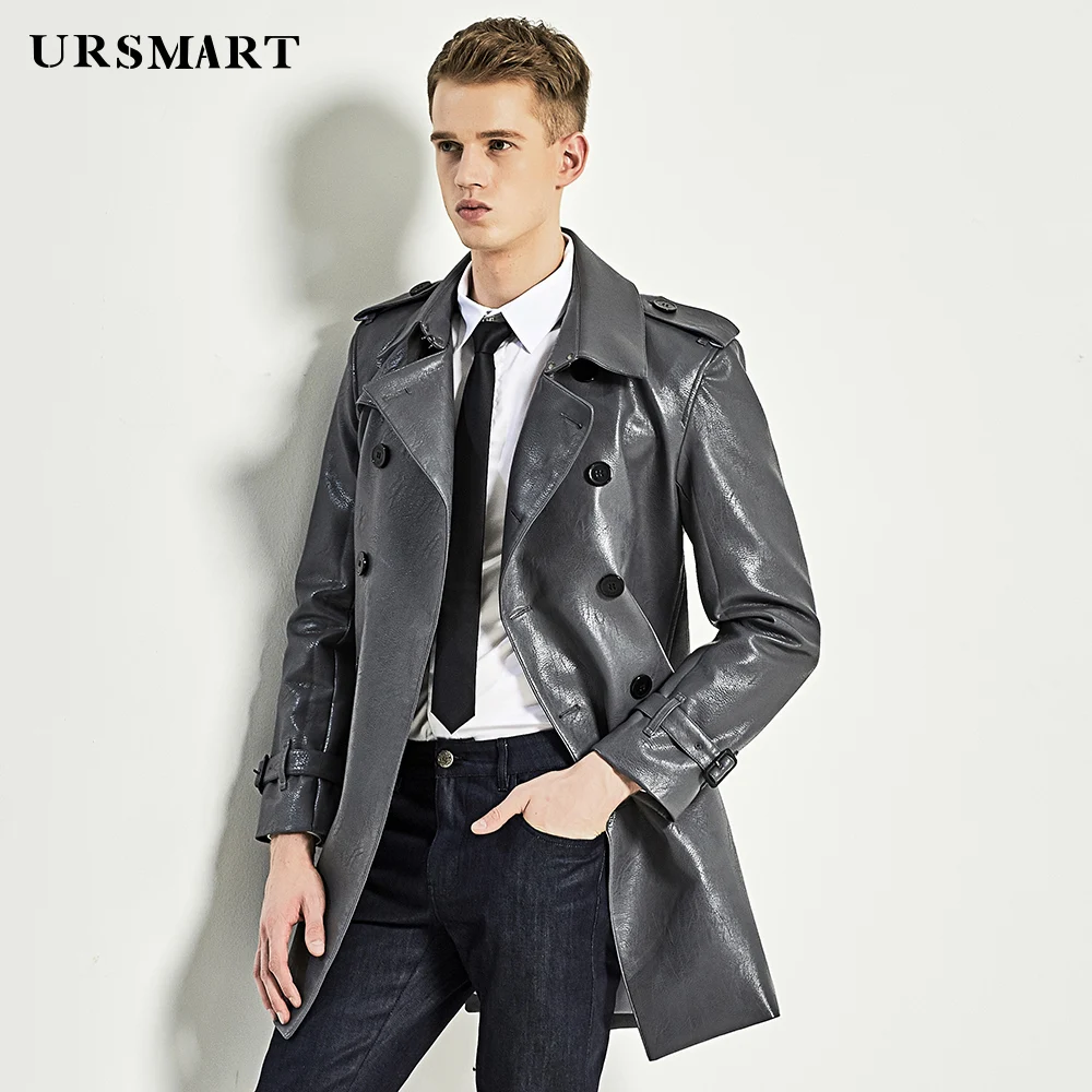 

URSMART Medium and long grey leather windbreaker men's double-breasted trim men's leather jacket British fashion coat men's le