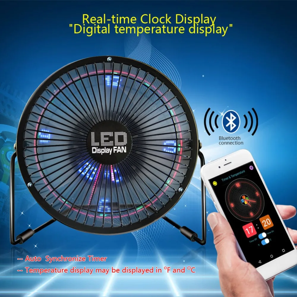 USB LED Clock Fan Portable Desktop Fan with Real Time Temperature and Build in Message Personal Cooling Fan 360/° Rotation Durable for Home and Office T