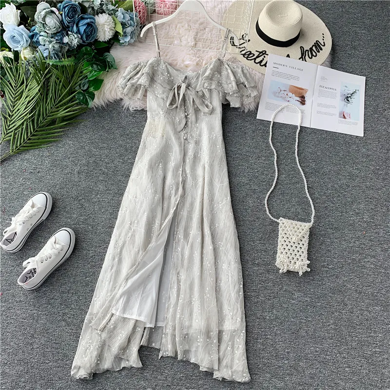 

One-shoulder shoulder strap dress chiffon fairy long ruffled slim travel bohemian long beach