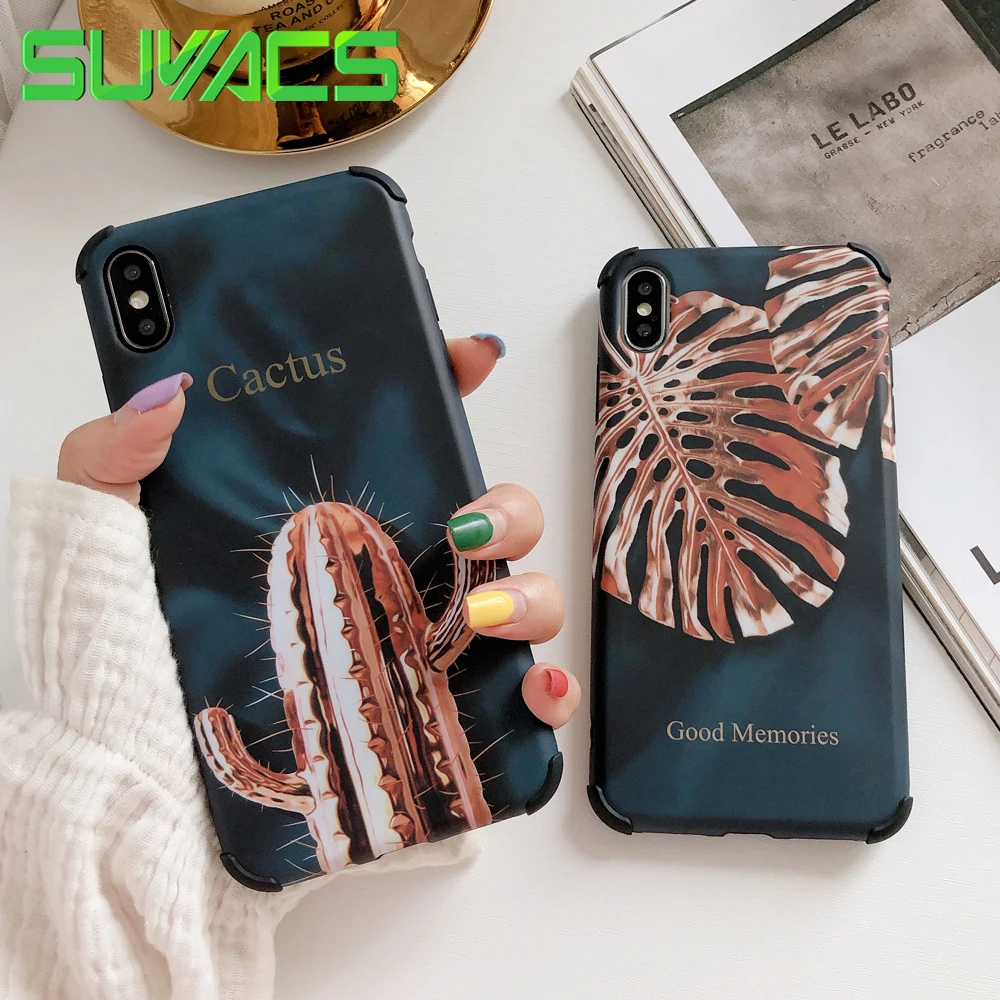 

SUYACS Retro Banana Leaf Cactus Case For iPhone XR 7 X Four-corner Shockproof Cover For iPhone XS Max 6S 7 Full Body Soft Shell