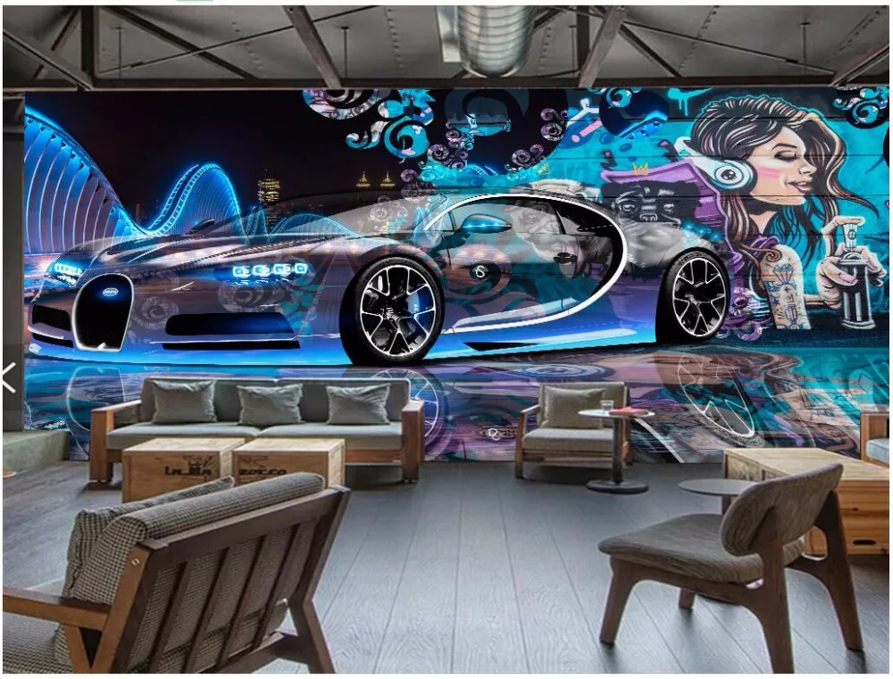 3d фотообои на заказ граффити спортивный автомобиль оснастка фон настенная