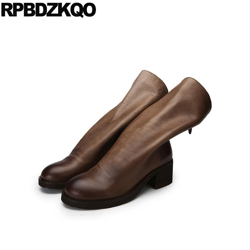 

Chunky Fall Handmade Shoes Winter Slip On Genuine Leather Brand Women Boots Mid Calf Brown Round Toe Retro Platform Fashion