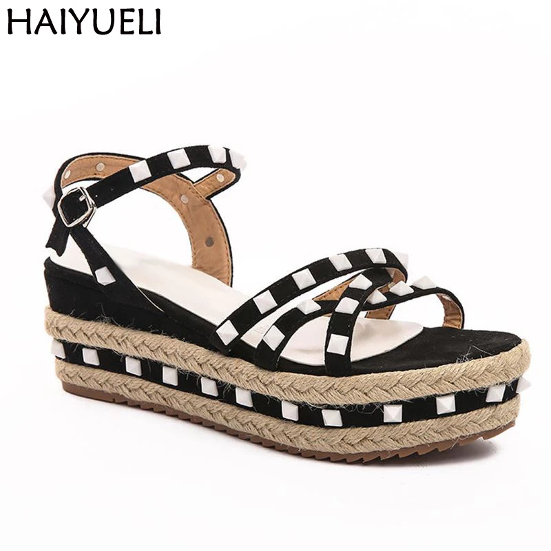 

Ladies Platform Shoes Women 2018 Sandals Summer White Rivet Shoes Fashion Wedge platform High Heel Sandals Black Shoes