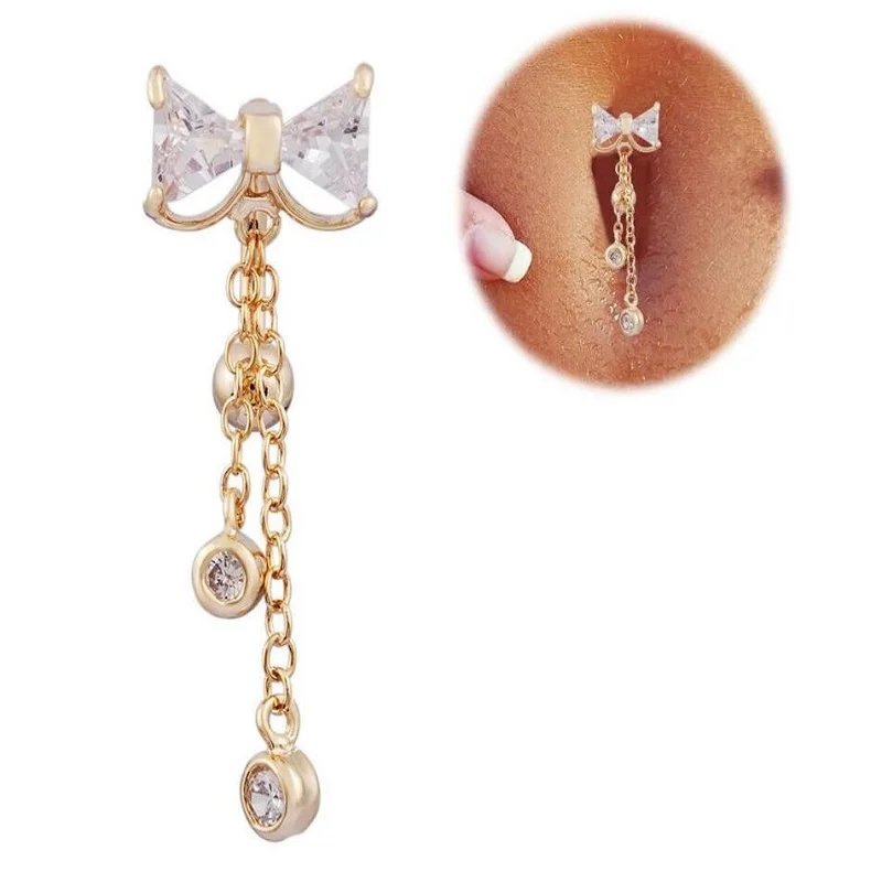 

Reverse Belly Button Ring Dangle Bowknot Clear CZ Navel Bar Gold Dangle Body Jewelry Tragus Piercing Earring