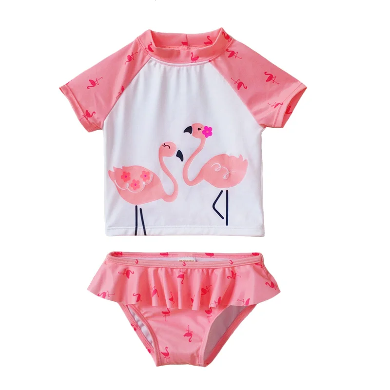 Одежда для купания для маленьких девочек; комплект из 2 предметов; одежда для купания с фламинго для маленьких девочек; купальный костюм; комплекты купальных костюмов; детская одежда - Цвет: pink 18-24M