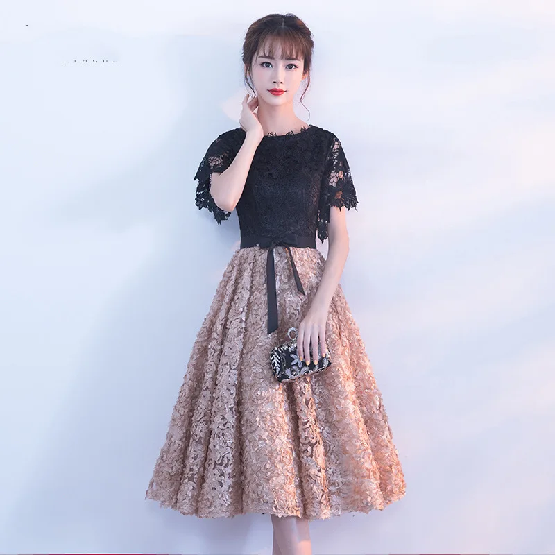 Китайские Восточные платья, элегантное, цвета хаки, черное, кружевное вечернее платье, простое, длина до пола, для выпускного, для невесты, длинное, Cheongsam, вечерние, официальное платье - Цвет: short
