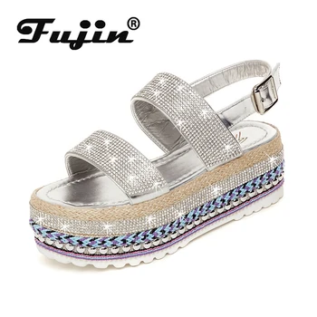 

Fujin Europe 2020 Summer Sandals Fairy Wind Chic Flat Open Toe Wild Rhinestone Thick Bottom Sponge Cake Roman Shoes Dropshipping