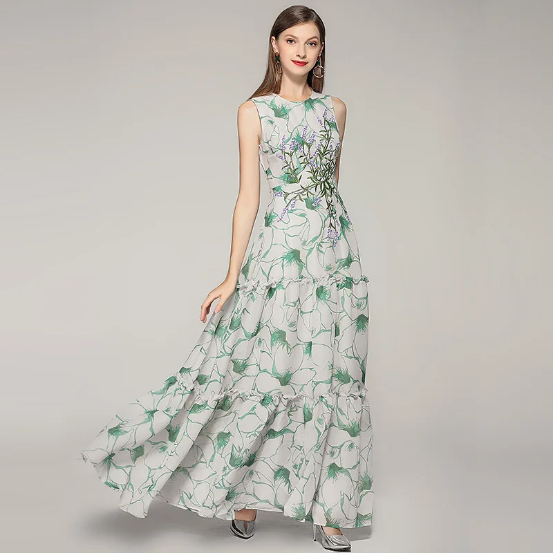 

European style embroidery dress 2019 summer runways floral print elegant dress Chic women maxi dress A202