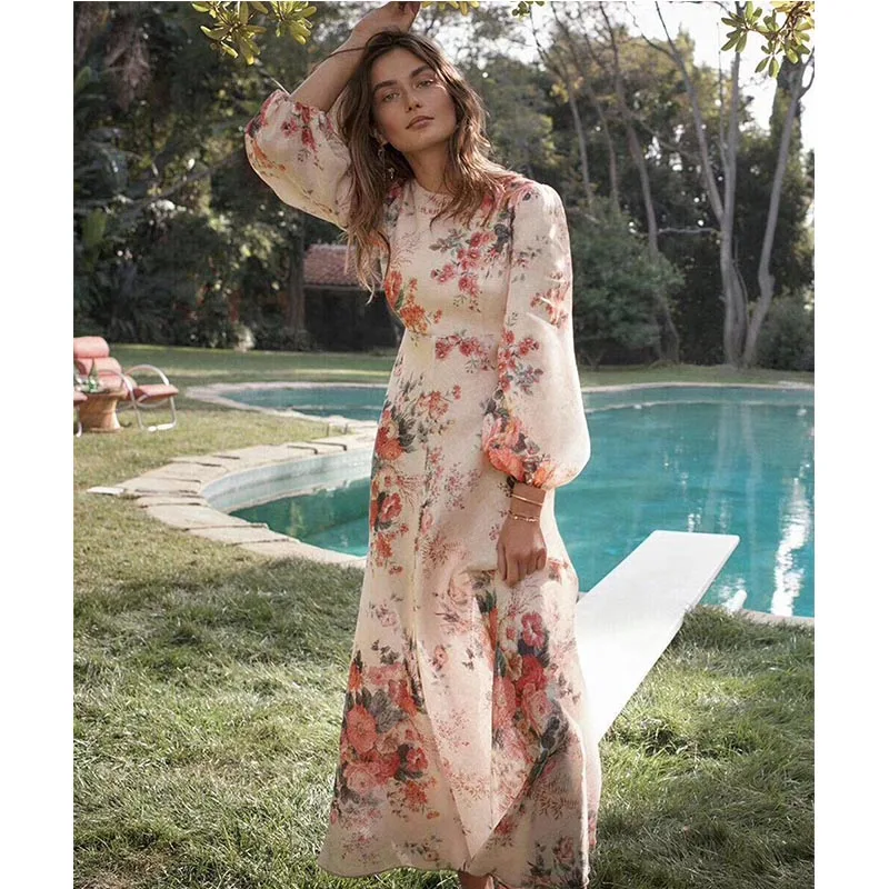 

Cosmicchic High Quality ZIM Designer O neck Long Sleeve Multi-coloured Laeila Floral Print Linen Maxi Dress