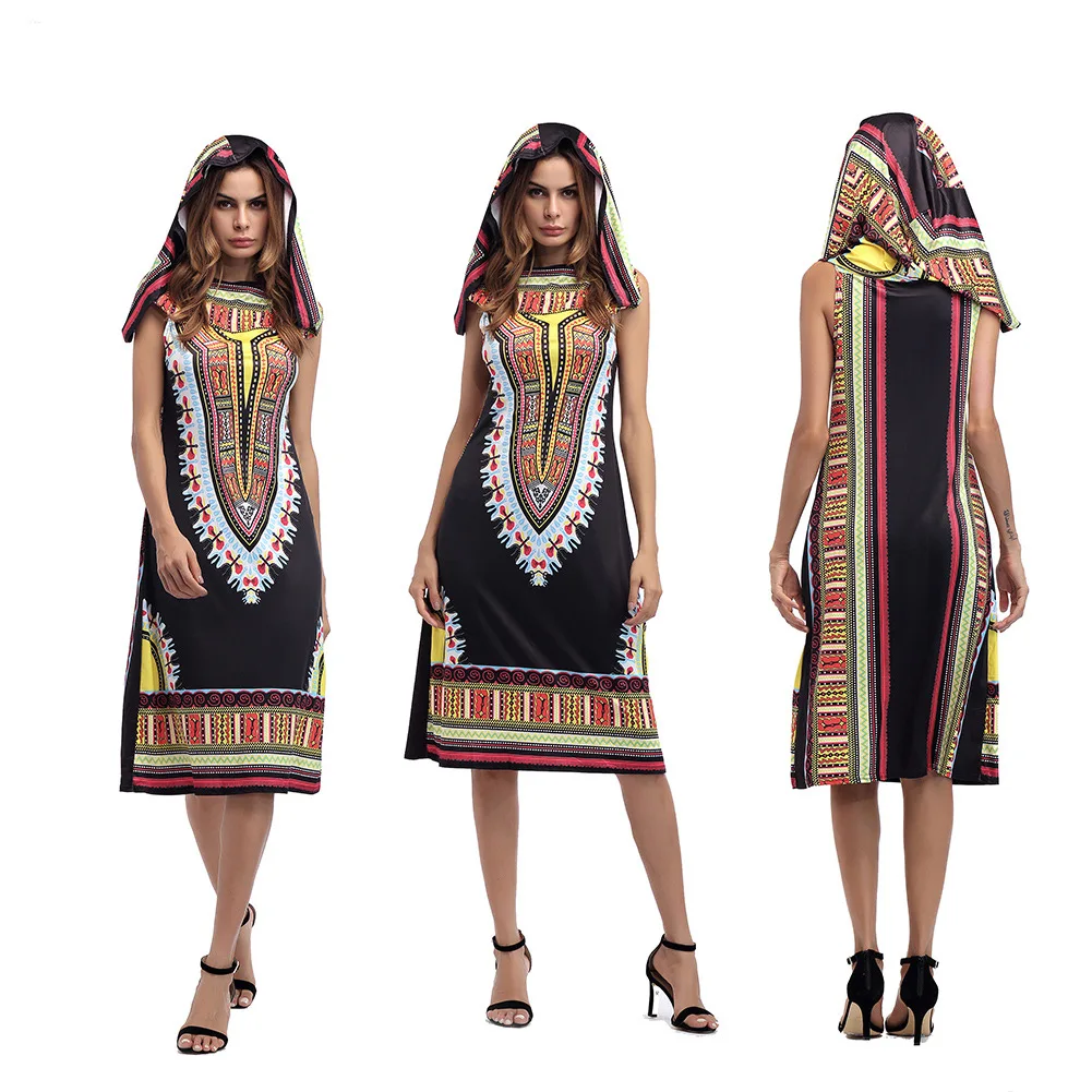 2018 Women Dress Suits Printed Geometric Hooded sleeveless summer printing hooded skirt female fashion national style Dress