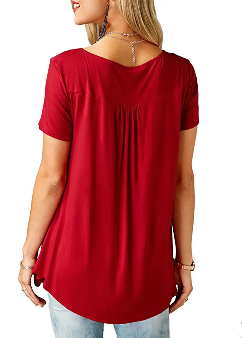 Women'S Summer Casual Short Sleeve T-Shirts Ruffle Button Up Split Neck Blouse Tunic Top Female 2018 Fashion Solid Loose Tees (3)