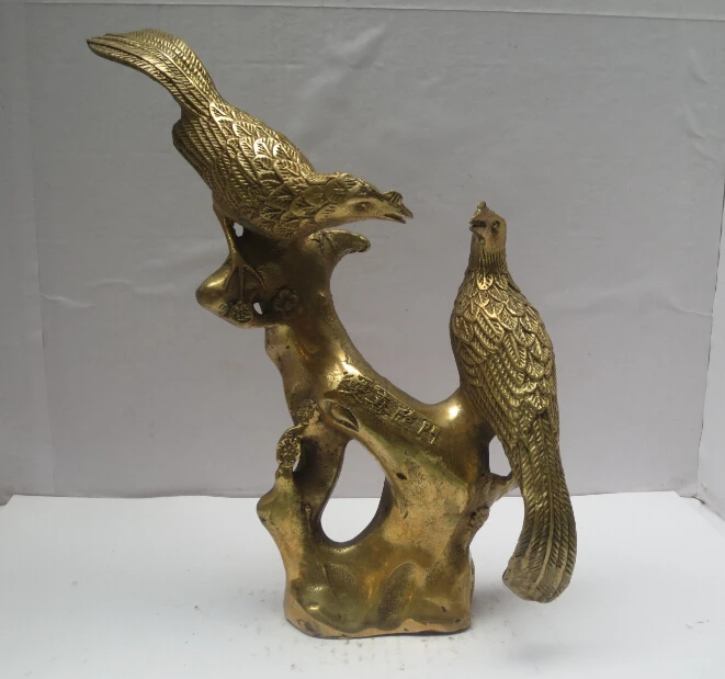 

Metal Crafts Chinese Brass Carved 2 Birds On Tree Statue , Magpie sculpture fast Shipping