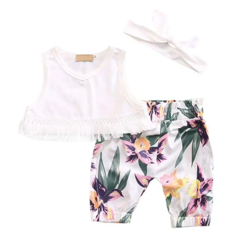 

3pcs/set Summer Infant Clothes Sets Kids Children Sleeveless White Tops + Floral Elastic Pants + Headband Baby Girls Clothing
