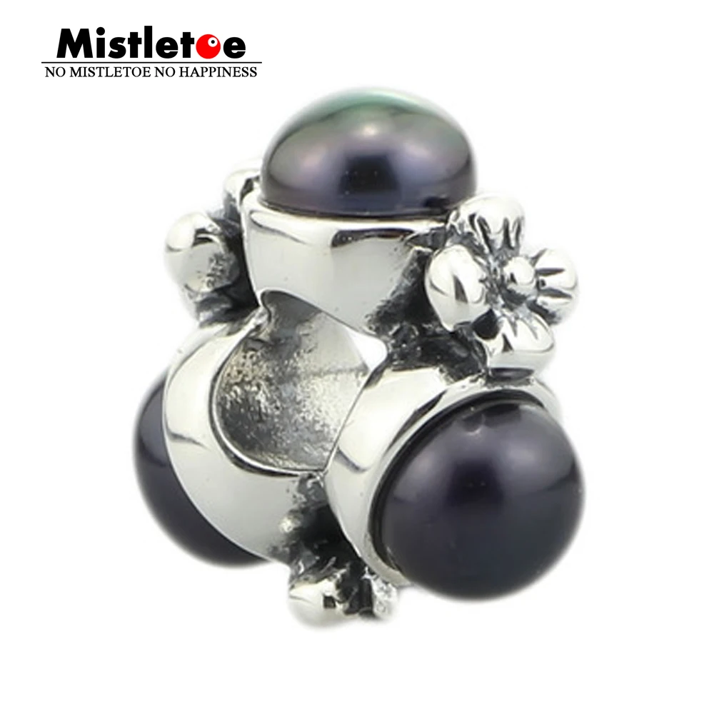

Mistletoe Authentic 925 Sterling Vintage Flowers Triple Pearl, Black Charm Bead Fit European & Troll Bracelet Women Jewelry