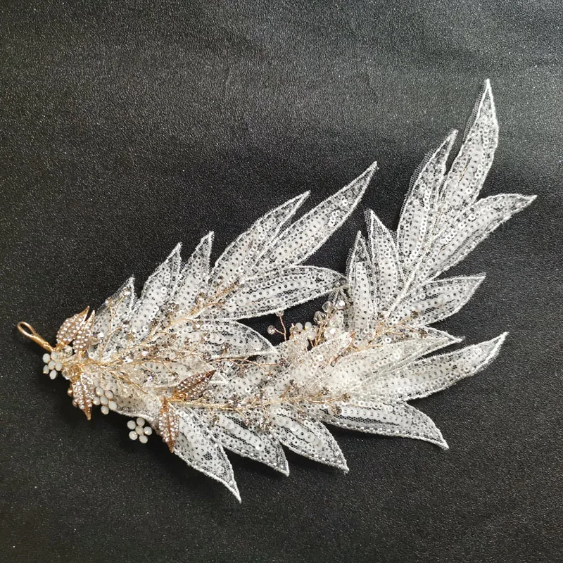 

SLBRIDAL Handmade Crystal Rhinestone Lace Leaf Flower Wedding Tiara Headband Bridal Headpieces Women Hair Jewelry Accessories