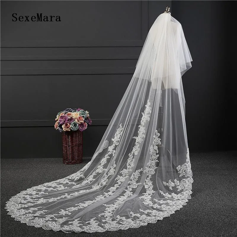 

White Ivory Real Pictures Bridal Veils Cathedral Length 2T Layers Lace Applique Blusher Wedding Veil with Comb Custom Made