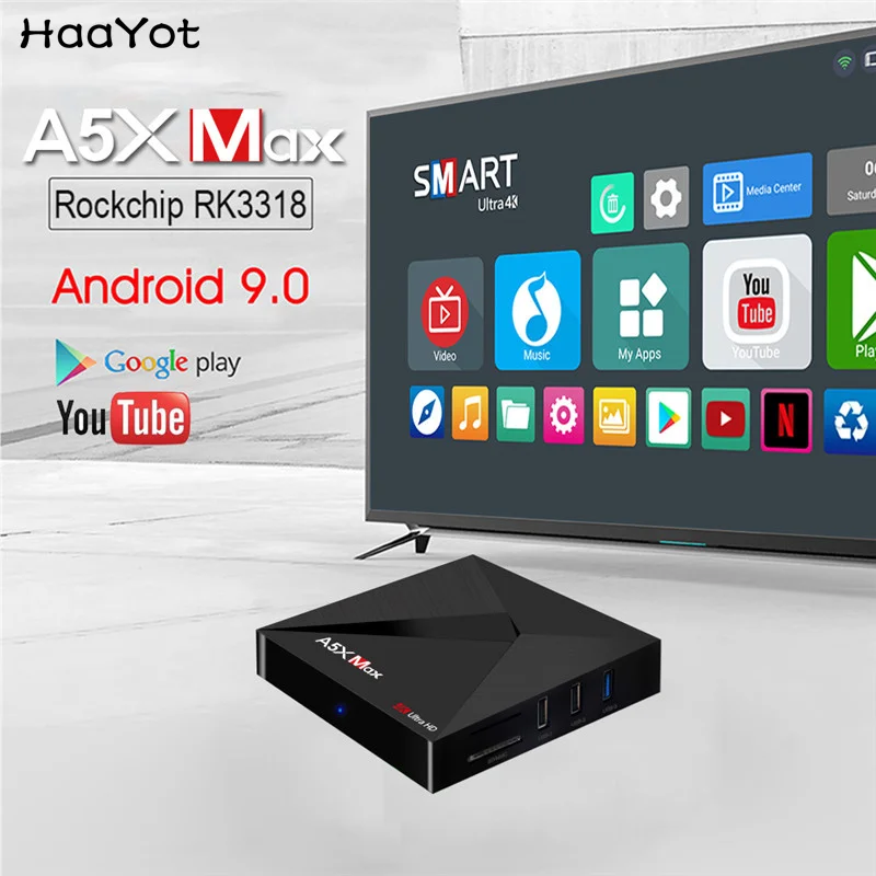 HAAYOT A5X Max Android 9 0 умная коробка RK3318 4 Гб + 32 Bluetooth 1 4K HD Wifi TV Box USB 3 DLNA Airplay аудио