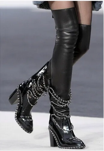 Metal Modelos black Long Estrella Cadena Maneras De Botines Negro Espesor Largas Botas Otoño Estilo Boots E Tacón 2017 Invierno Alto Fresco Nuevo Dos Con Usar vB0qcgw