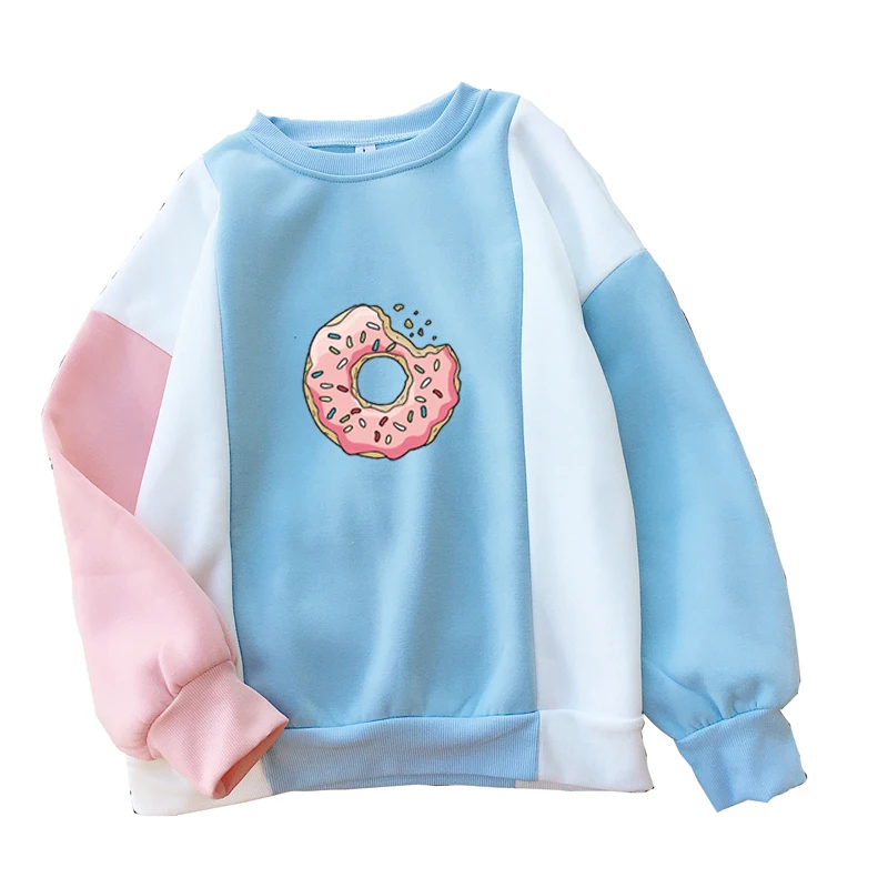 

Women Sweatshirt Harajuku Kawaii Donuts Printing Cute Hoodies Patchwork Pastel Contrast Color O-neck Winter Autumn Clothing Top