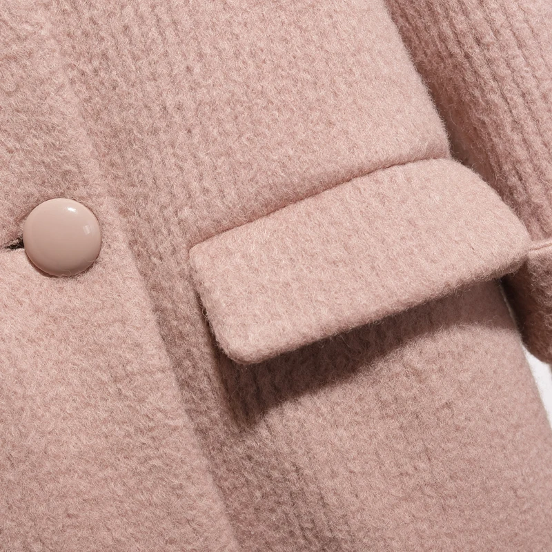 Зима года, новое корейское шерстяное пальто с отложным воротником, длинное милое шерстяное пальто, однобортное корейское пальто с широкой талией, модное розовое