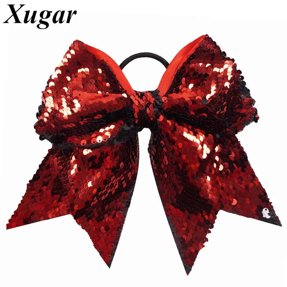 

7" Large Reversible Sequins Mermaid Cheer Bow For Girls Elastic Band Handmade Hair Bows Ponytail Women Hair Accessories
