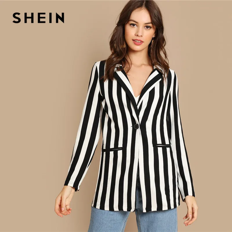 SHEIN Стильный Полосатый Блейзер Женский Осенний Повседневный Блейзер С Длинными Рукавами И Карманами