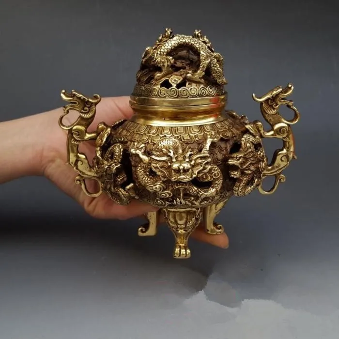 

Antique copper incense ornaments large hollow Kowloon sandalwood furnace burner decorative antique collection