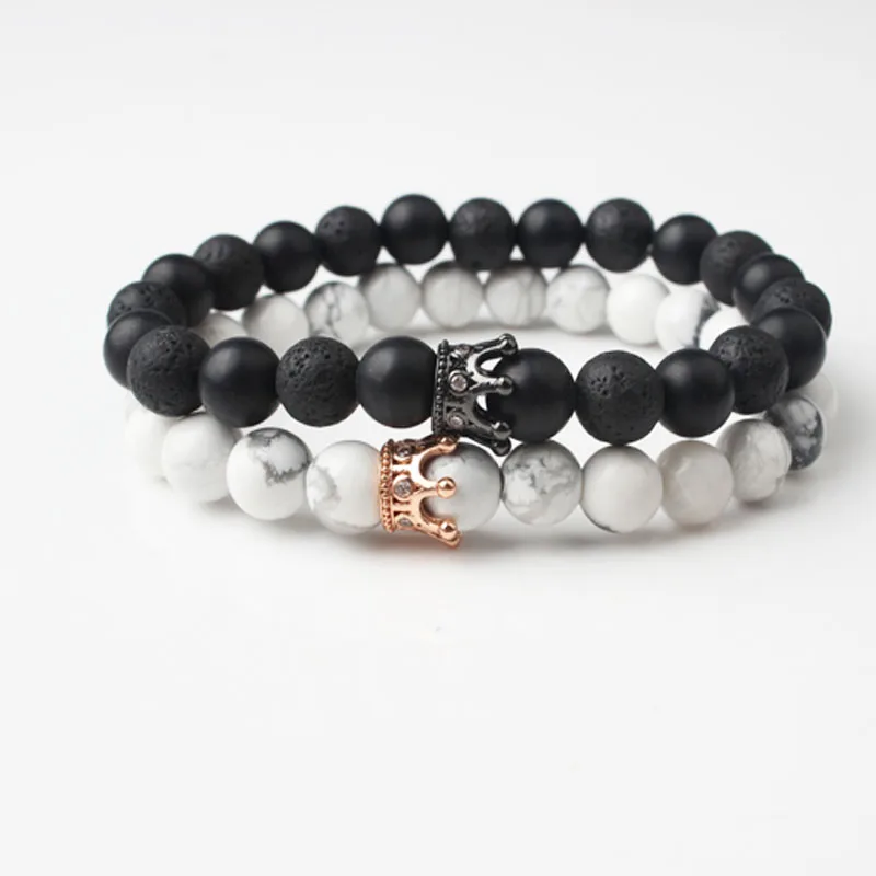 

LanLi 8mm white Turquoises and black basaltic lava Crown bracelet be fit for men and women Giving presents and self use