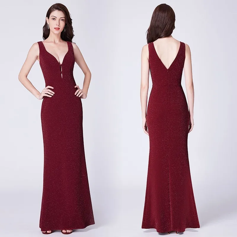 Выпускные платья Burgundy Long Ever Pretty V-Neck Sparkle Sexy Русалка платье без рукавов для торжественных случаев женское элегантное вечернее платье