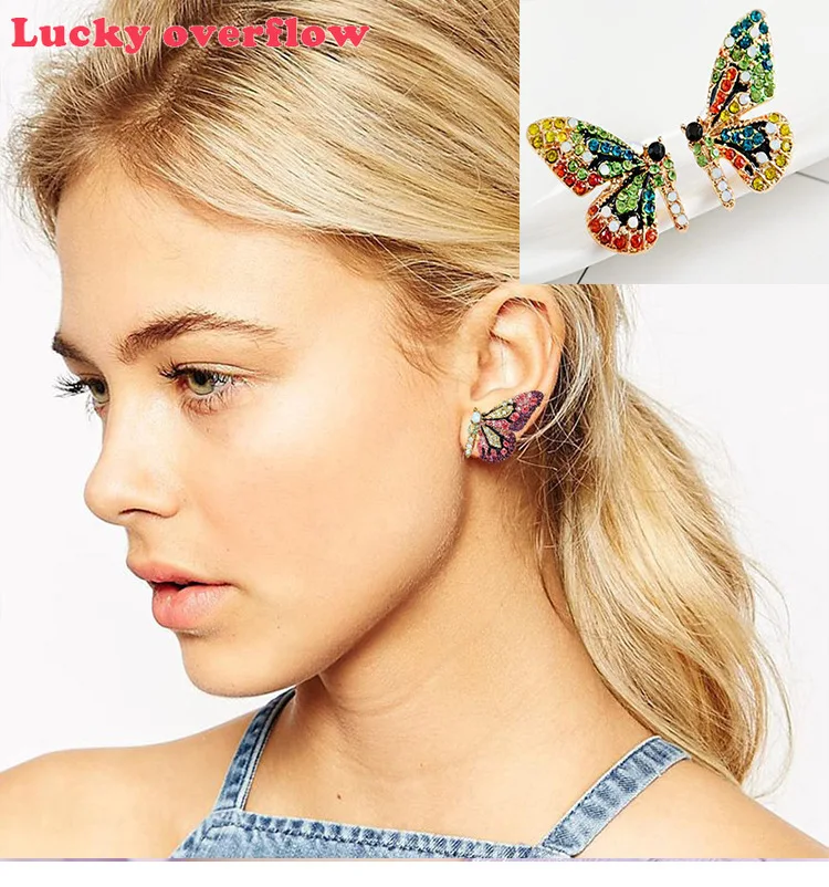 

Luckyoverflow 2019 Fashion Short Butterfly Earrings Necklace Set Reinstone Inlaid Creative Crystal Stud Earrings Jewelry Gift
