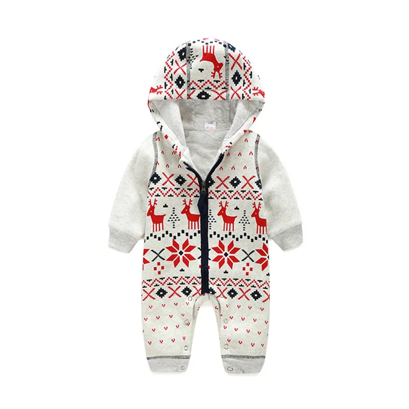Хлопковый Детский комбинезон для новорожденных; одежда с длинными рукавами и рождественским оленем для маленьких мальчиков и девочек; осенне-зимняя одежда на молнии с капюшоном для малышей