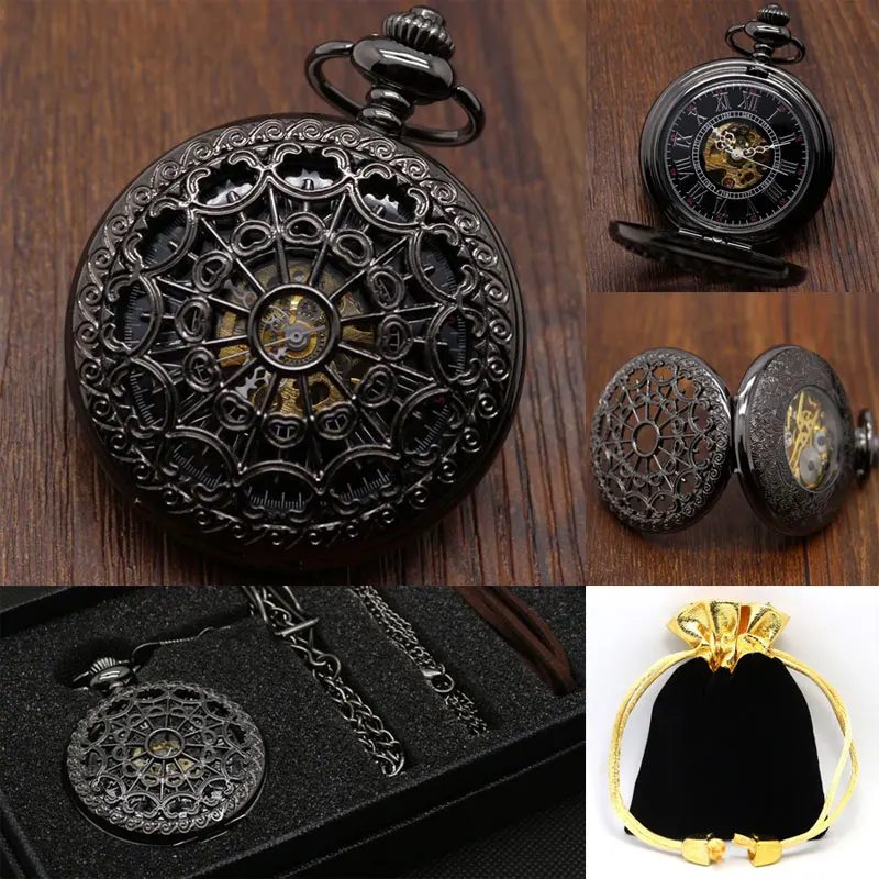 Black Web Hollow Design Skeleton Black Mechanical Hand Wind Pocket Watch with Chain Box Bag Strap for Men Women Best Gift Sets Black Web Hollow Design Skeleton Black Mechanical Hand Wind Pocket Watch with Chain Box Bag Strap for Men Women Best Gift Sets