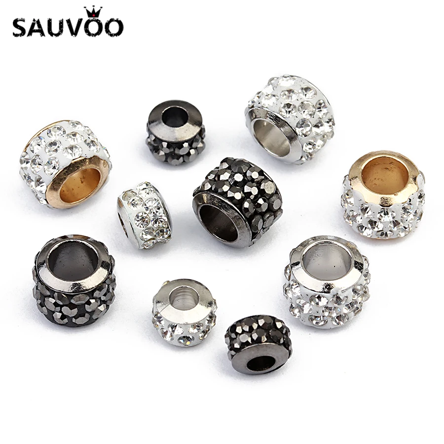 

SAUVOO 20pcs Big Hole Beads Gold Silver Gunblack Color Loose Spacer Round Crystal Charm Bead 9*7mm 7*5mm for Jewelry Findings