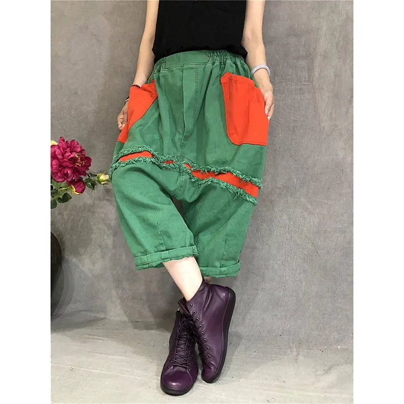 High Street Fashion Women Cross-pants Elastic Waist Hole Patchwork Casual Pants Female Loose Denim Cotton Calf-length Pants D128