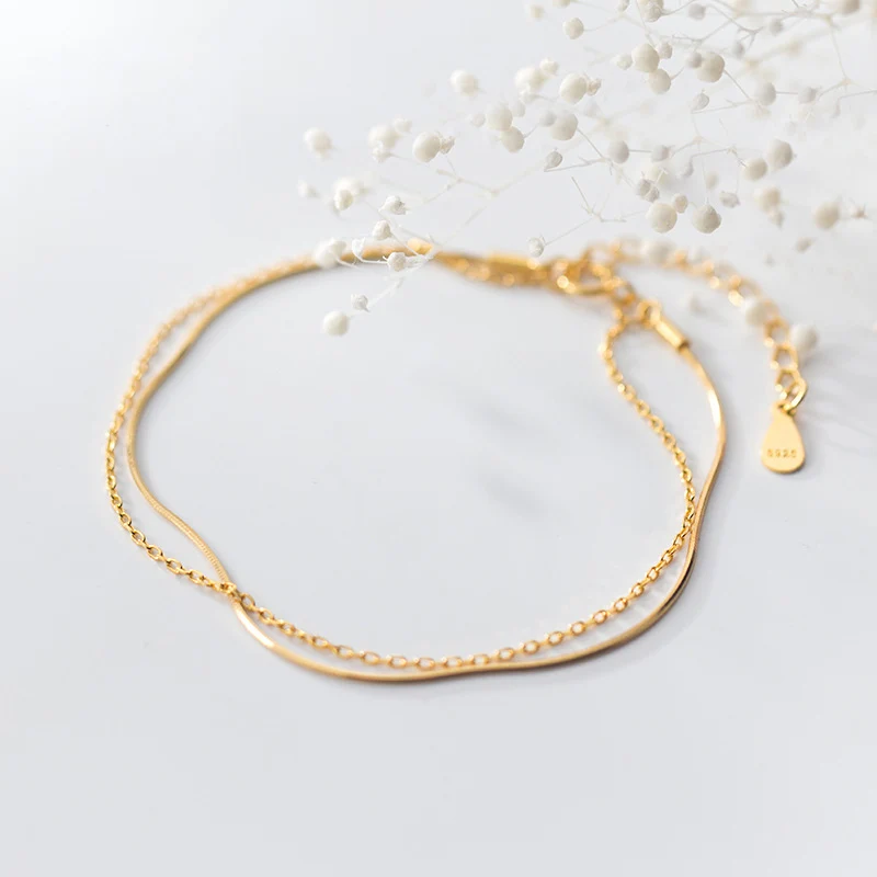 

La MaxZa 925 Sterling Silver Simple Snake Double Layer Chain Bracelets For Women Girls Trendy Jewelry Silver 925 Bracelet Woman