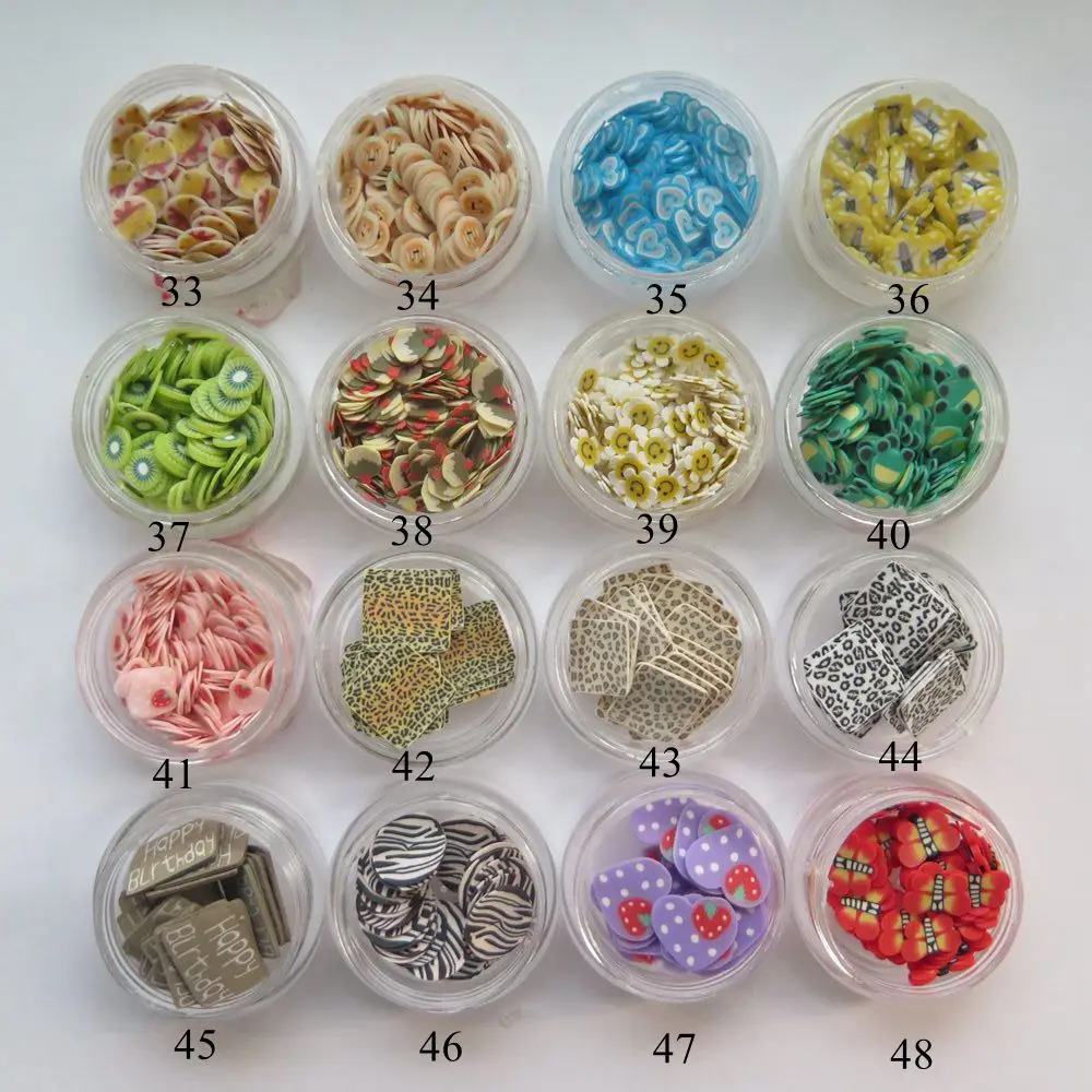 

1Jar Fruit Slices 3D Polymer Clay Slices Fancy Nail Art Deco Polymer Christmas Heart Kiwi Flower Cake Square Prints