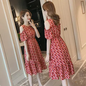 

New off-the-shoulder pregnant women dress summer Korean version of the wild high waist floral chiffon skirt breastfeeding skirt