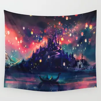 

Many Lantern Floats In The Sky With Castle Wall Hanging Tapestry Dorm Decor