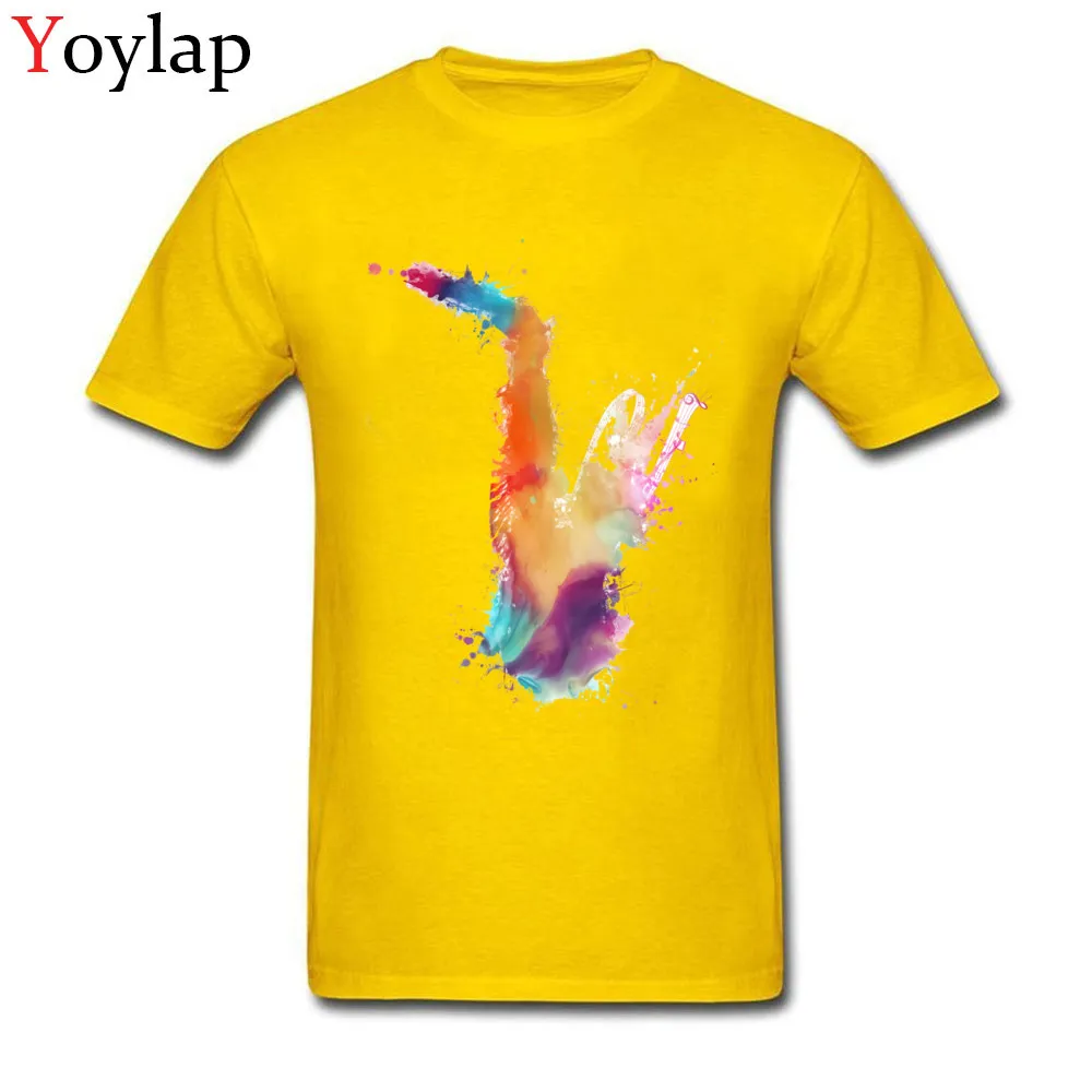 Casual T-shirts Fashion O-Neck Saxophone musical instrument art Cotton Fabric Men's Tops T Shirt Summer Short Sleeve Tee-Shirts yellow