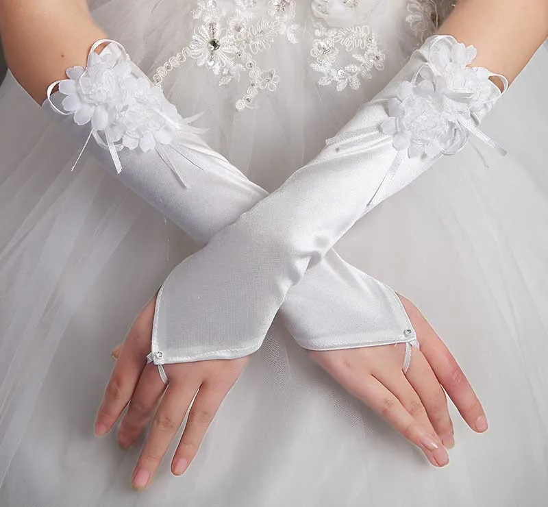 Kid child flower girl long white red gloves student lace glove costume