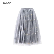 Высококачественная осенне-зимняя Новинка, романтичная юбка с вышивкой морской звезды, высокая талия, длинный параграф, чистая пряжа, юбка для женщин