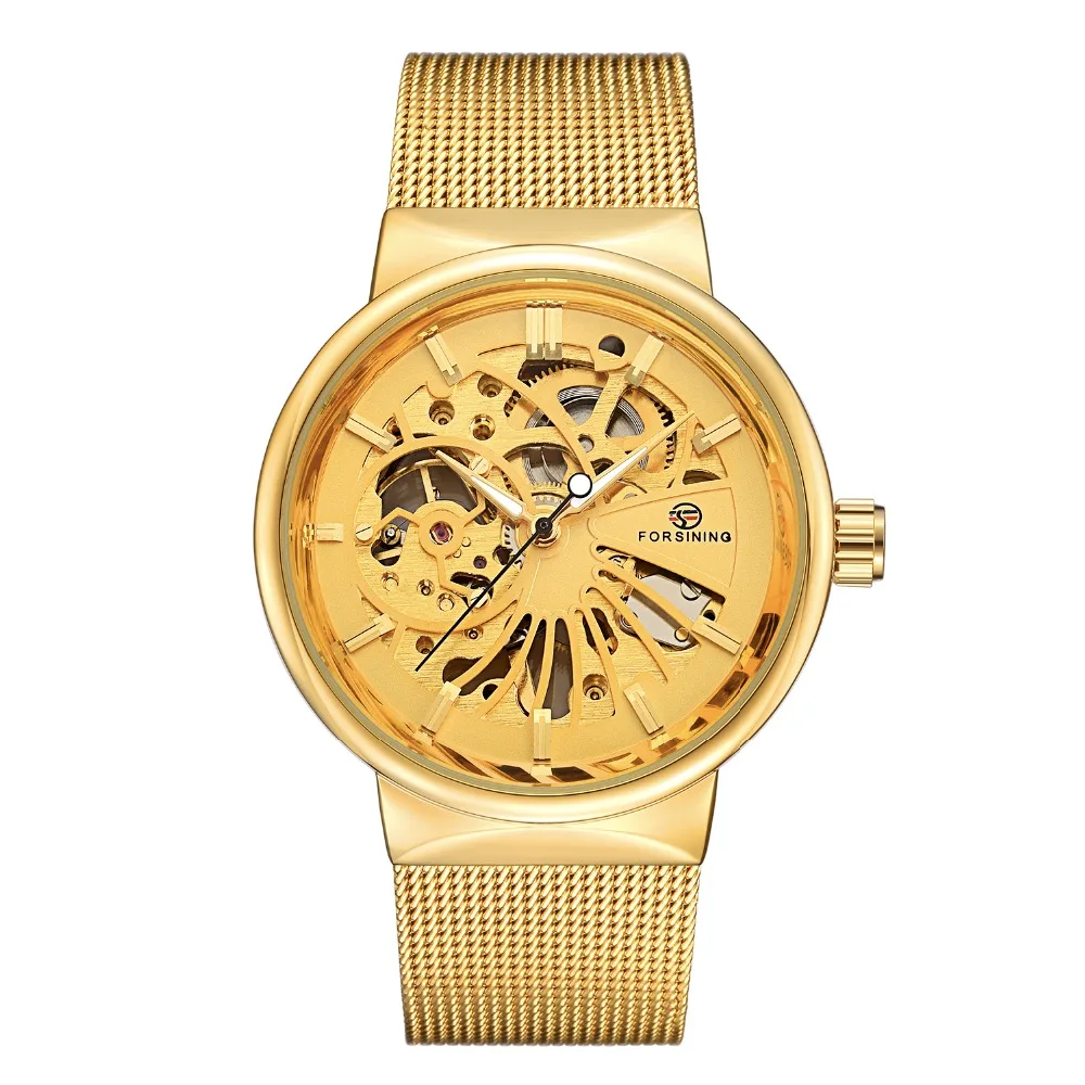 

Mechanical Watches Men Luxury Automatic Golden Hand-wind Mechanical Skeleton Wristwatch Mesh Net Band Watch Male Clock