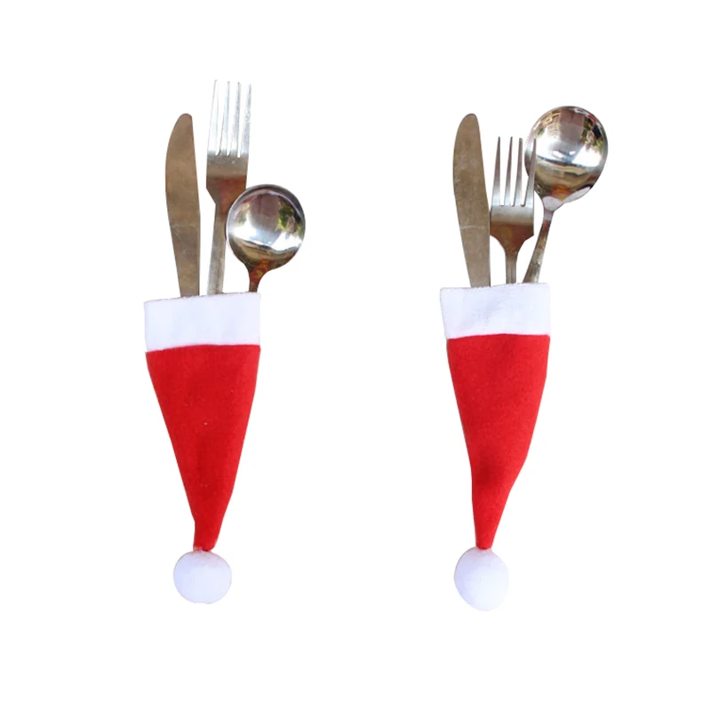 10PCS Christmas Hat Silverware Holder Xmas Mini Red Santa Claus Cutlery Bag 