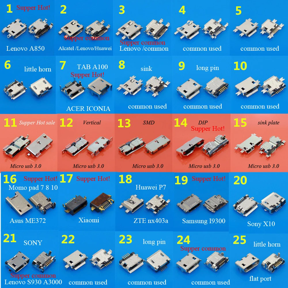 25 моделей шт 3 0 Micro USB Jack Chariging Разъем Порт sockect для Samsung/для ASUS/для SONY/Для Lenovo Huawei ZTE